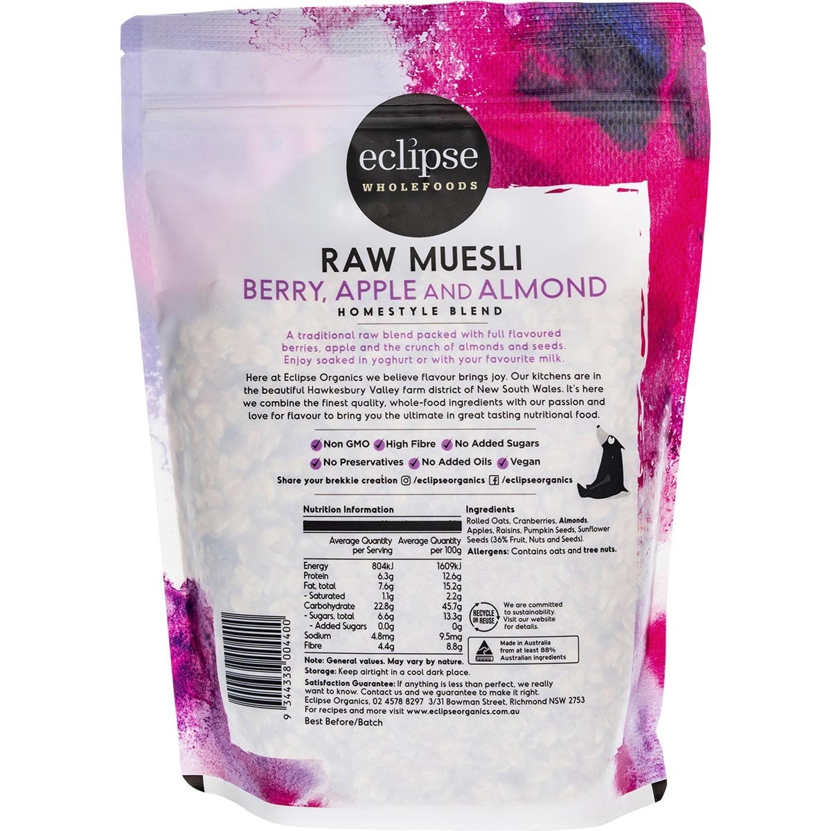 Eclipse Organics Raw Muesli Homestyle Blend Berry, Apple & Almond