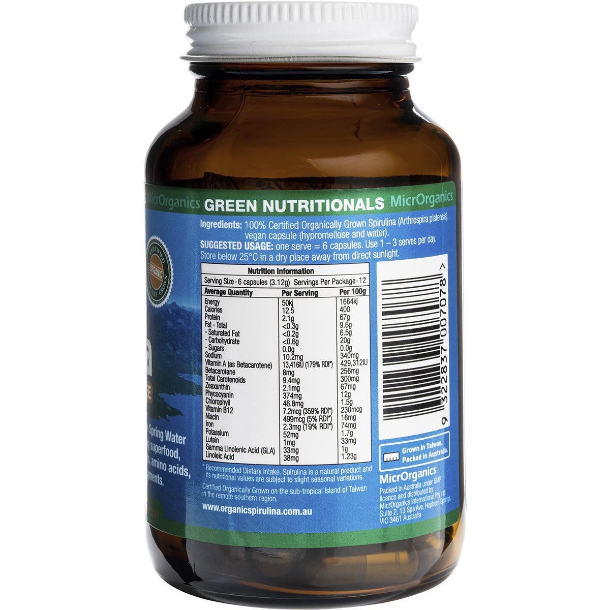 Green Nutritionals Mountain Organic Spirulina Vegan Capsules 520mg