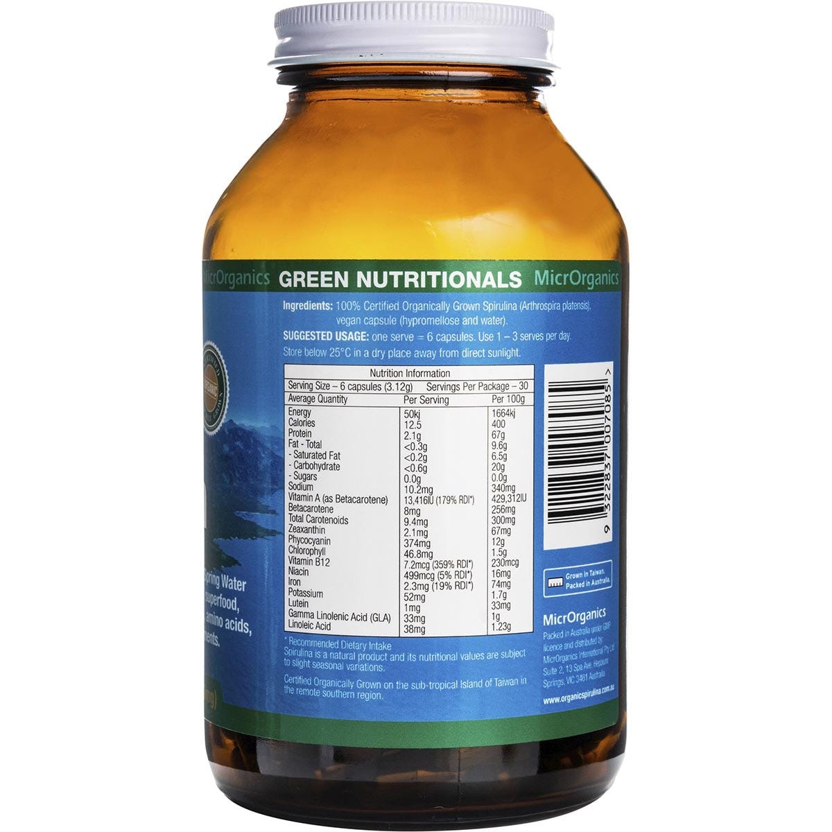 Green Nutritionals Mountain Organic Spirulina Vegan Capsules 520mg