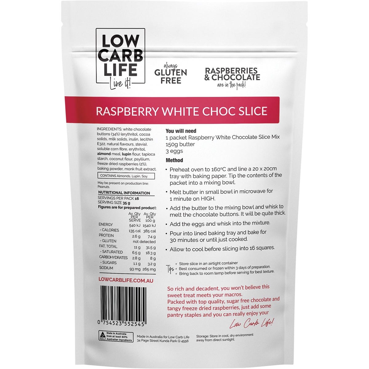 Low Carb Life Raspberry White Chocolate Slice Keto Bake Mix