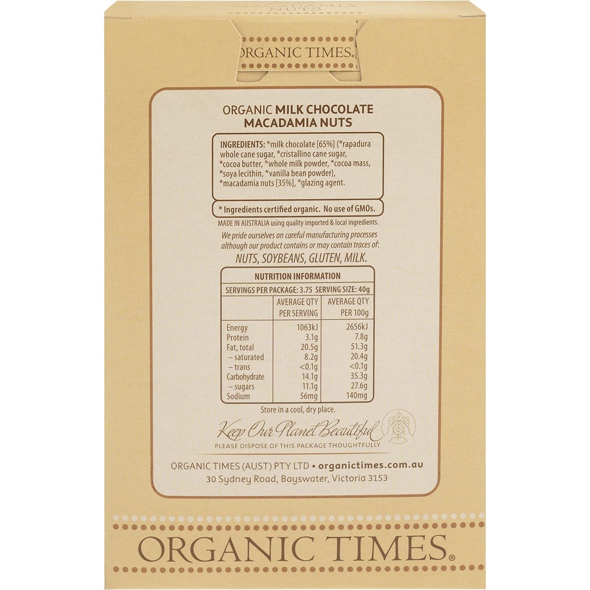 Organic Times Milk Chocolate Macadamia Nuts