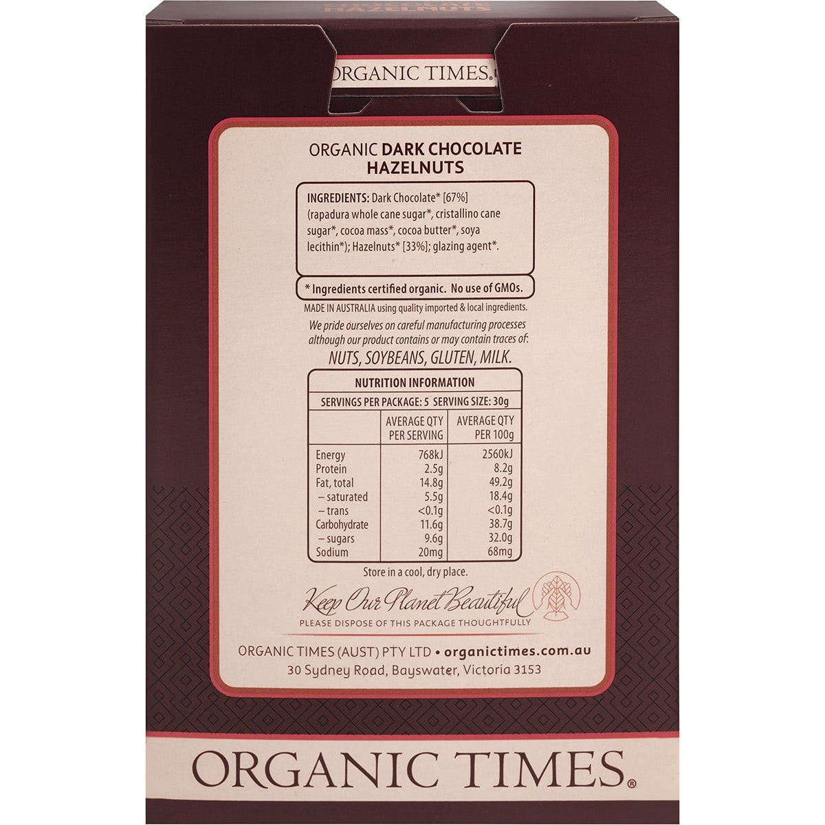 Organic Times Dark Chocolate Hazelnuts