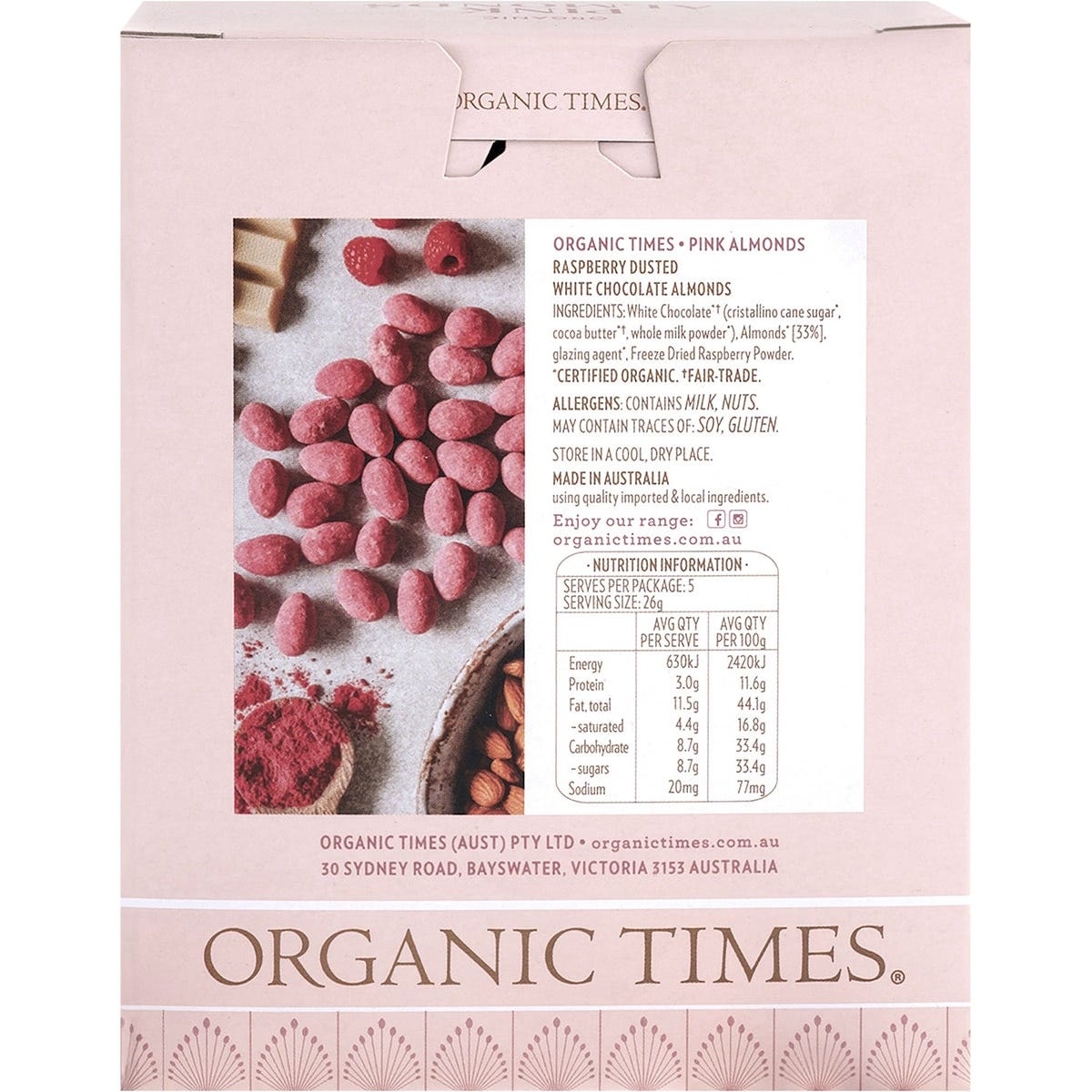 Organic Times Pink Raspberry Dusted White Choc Almonds