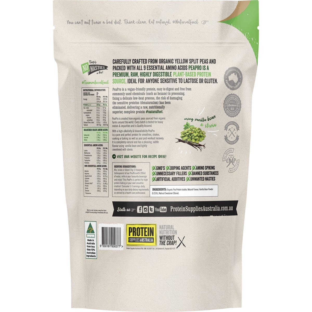 Protein Supplies Australia PeaPro Raw Pea Protein Vanilla Bean