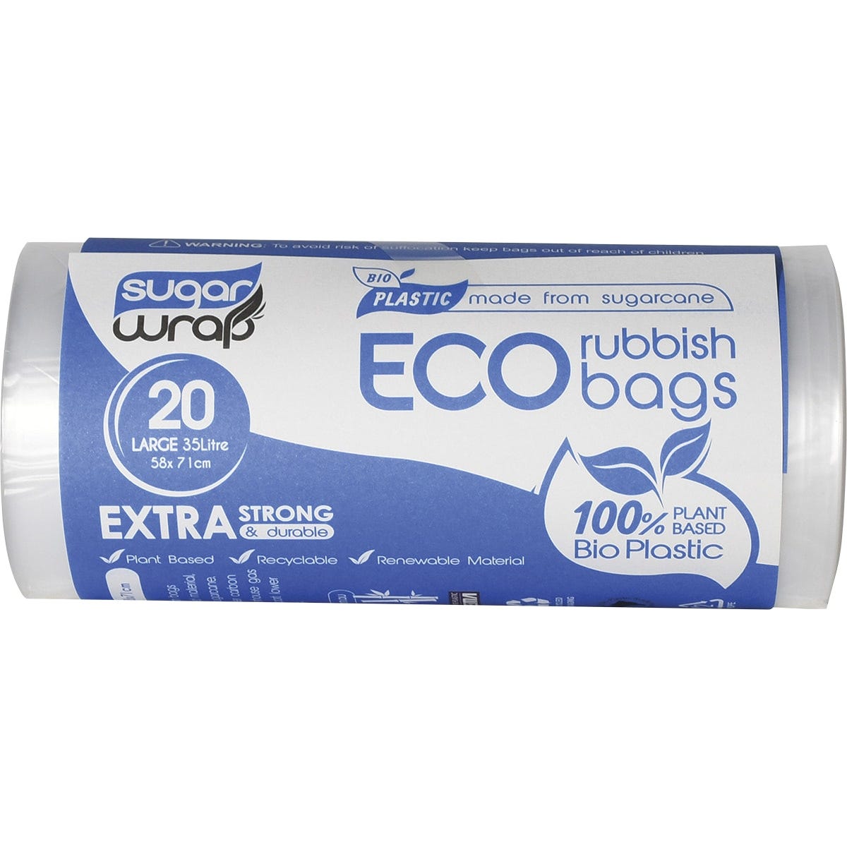 Sugarwrap Eco Rubbish Bags Made from Sugarcane Large 35L