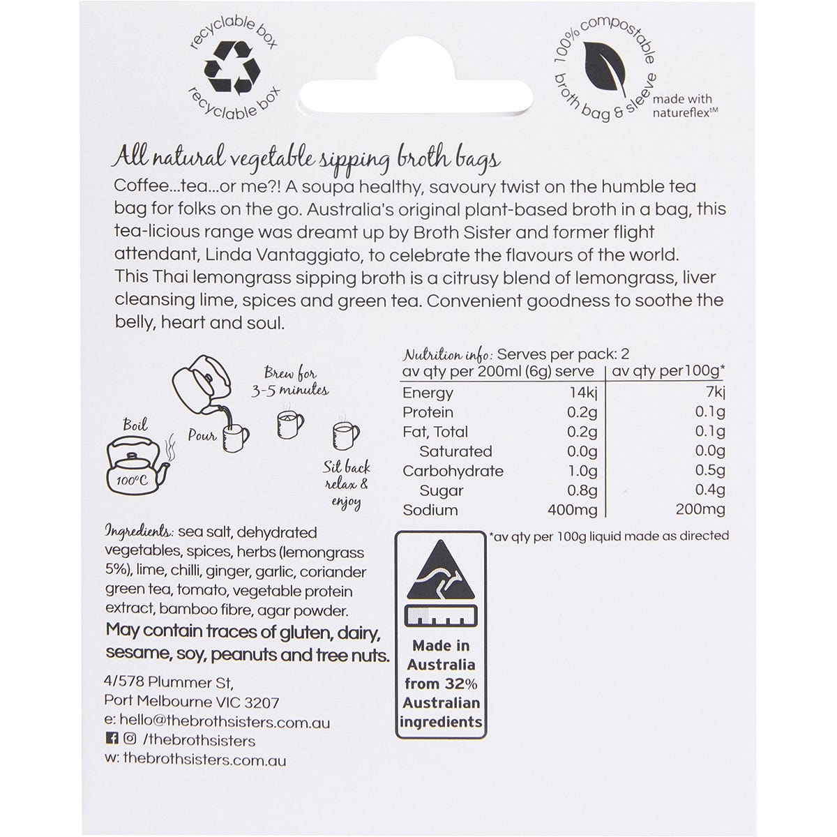 The Broth Sisters Vegetable Sipping Broth Bags Thai Lemongrass