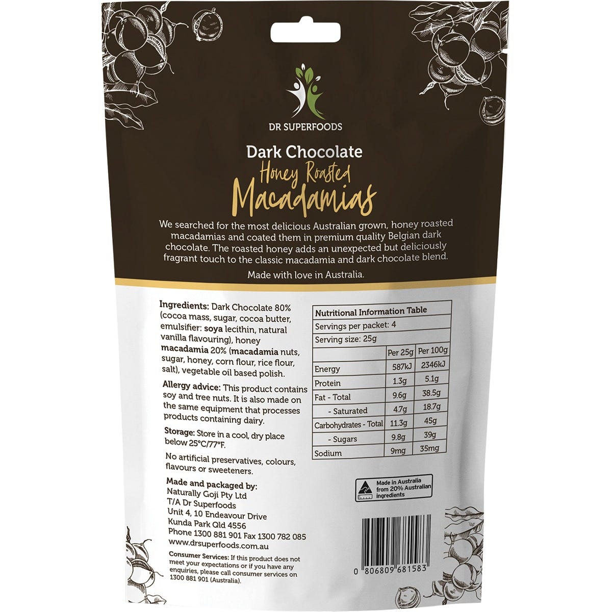 Dr Superfoods Honey Roasted Macadamias Dark Chocolate