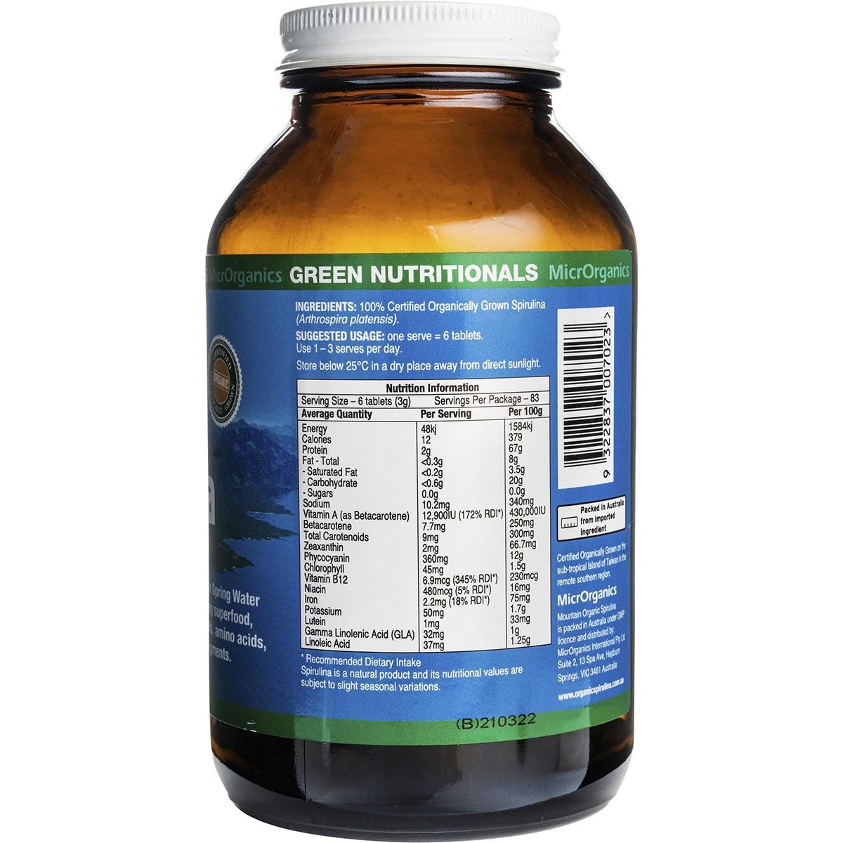 Green Nutritionals Mountain Organic Spirulina Tablets 500mg