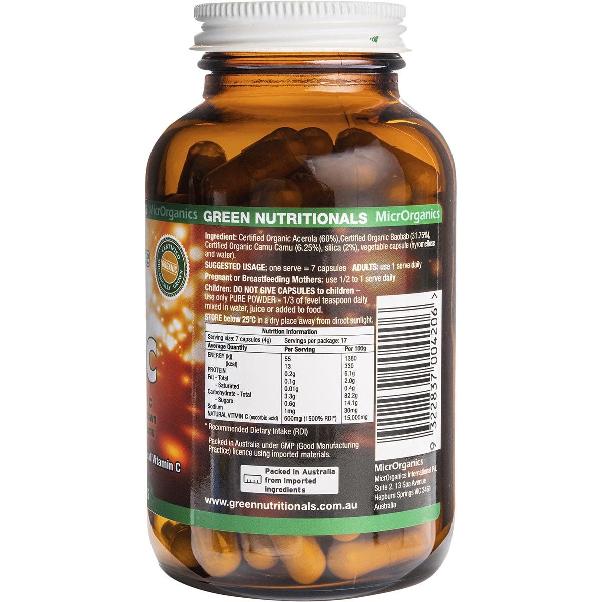 Green Nutritionals Organic Green Vitamin C Vegan Capsules 600mg