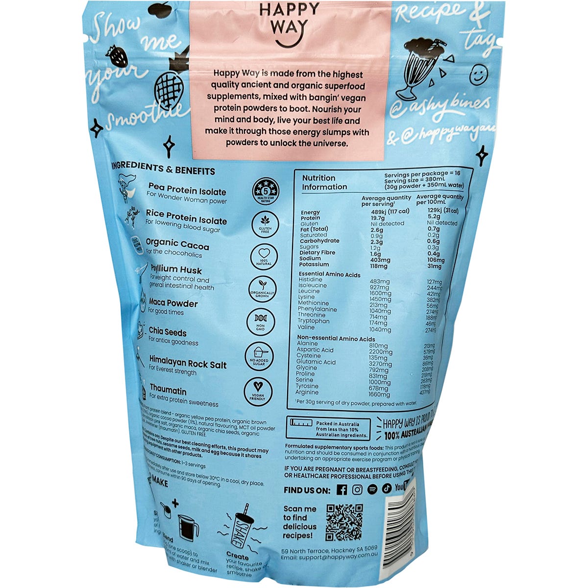 Happy Way Ashy Bines Vegan Protein Powder Choc Coconut