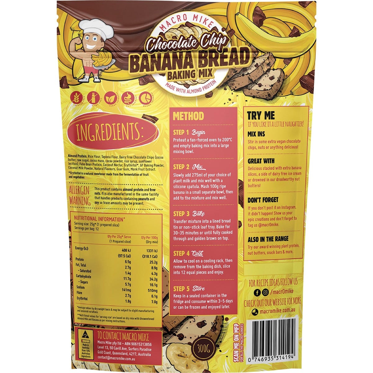 Macro Mike Banana Bread Baking Mix Almond Protein Choc Chip