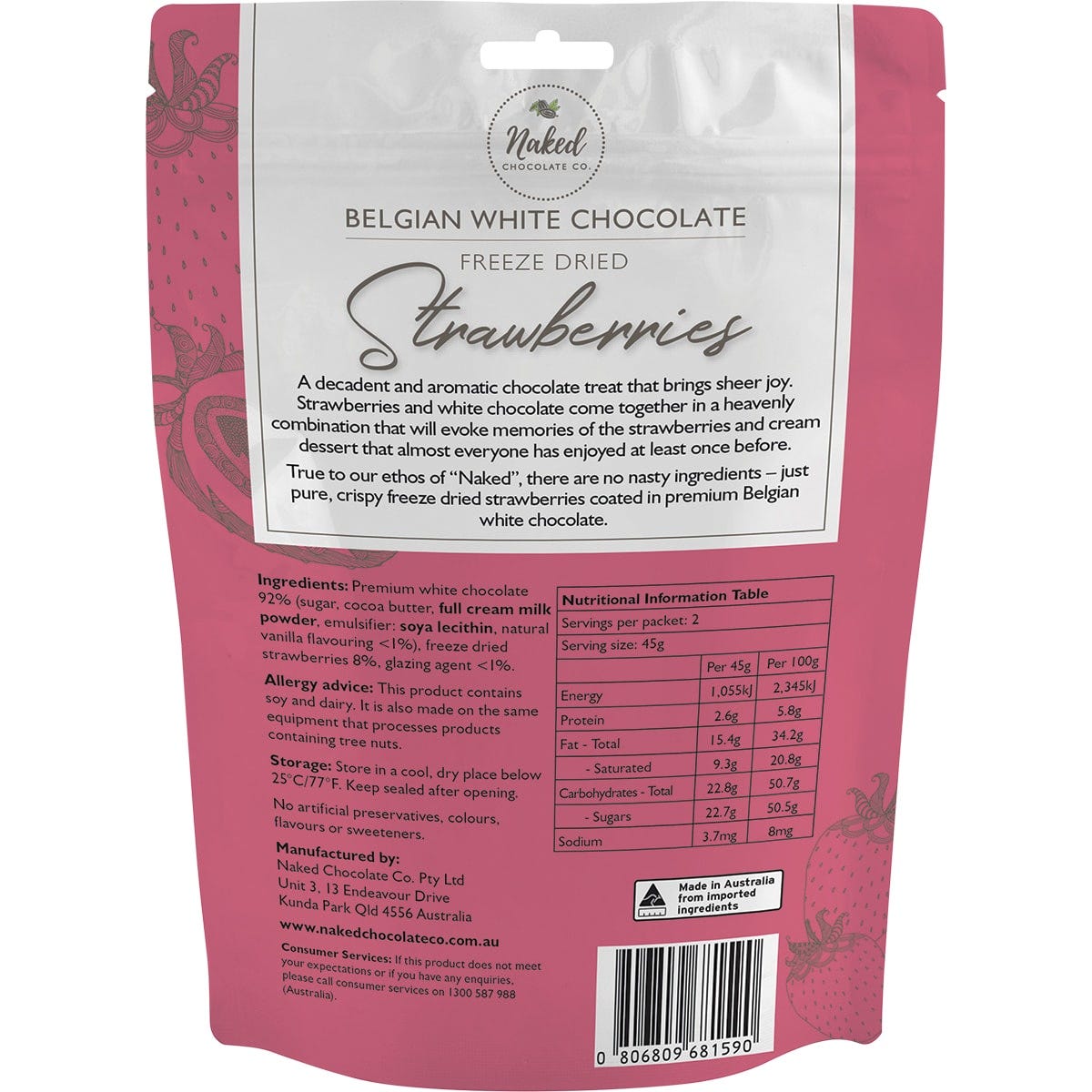 Naked Chocolate Co Freeze Dried Strawberries White Chocolate