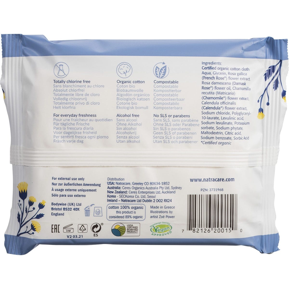 Natracare Intimate Wipes 100% Organic Cotton