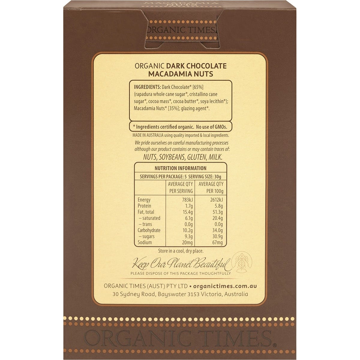 Organic Times Dark Chocolate Macadamia Nuts