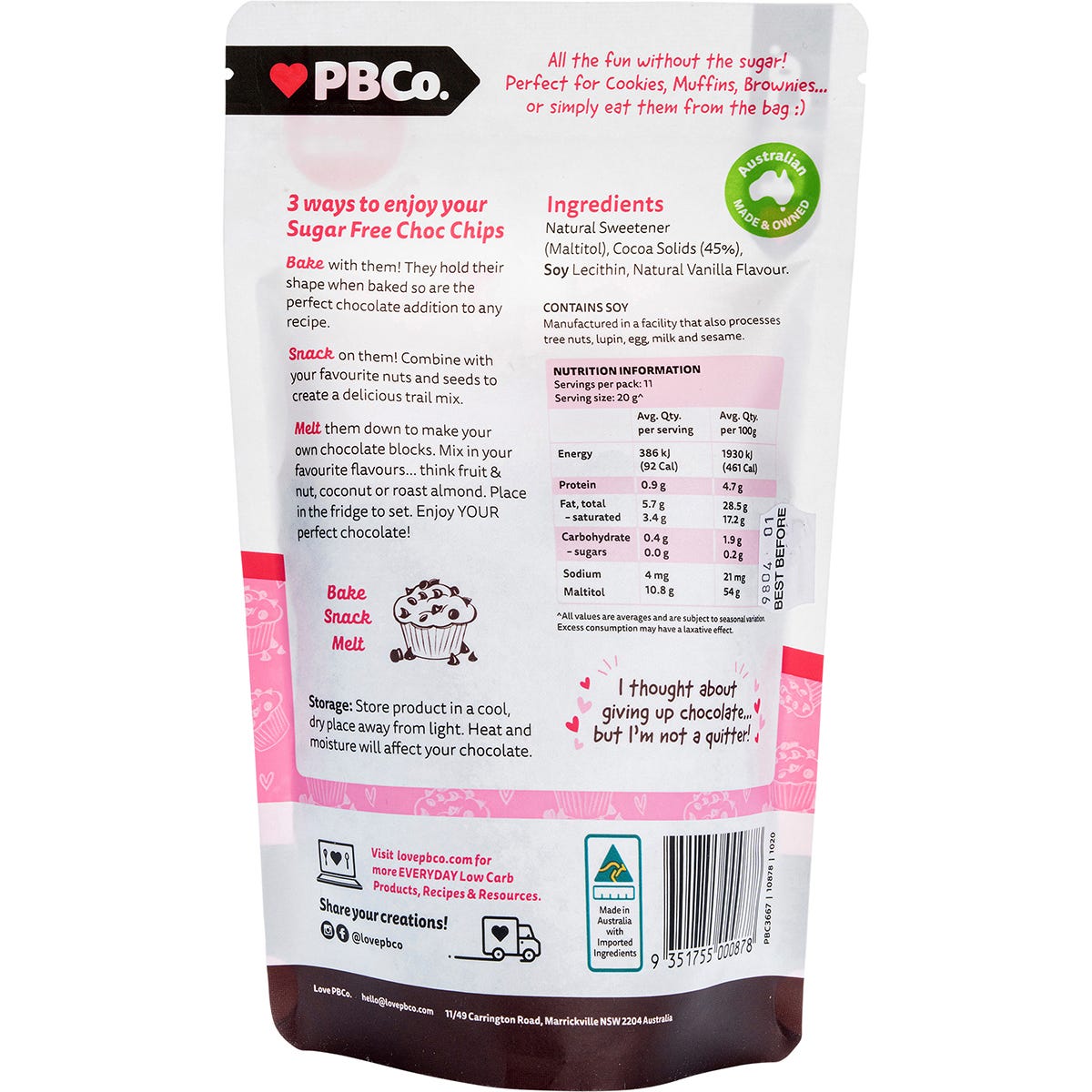 PBco Choc Chips 98% Sugar Free